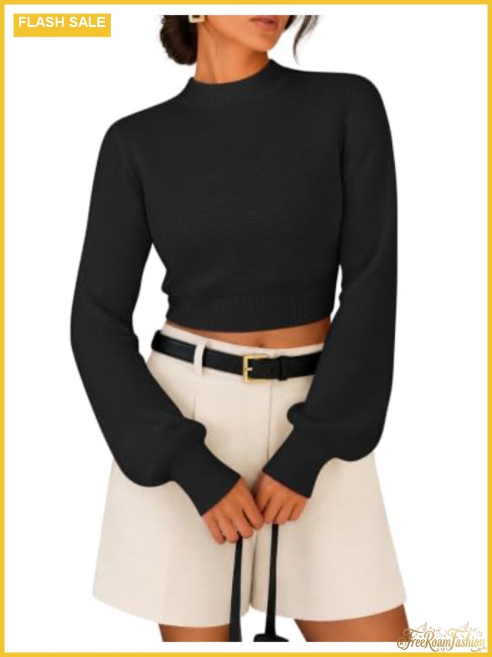 Women's Mock Neck Cropped Sweater Long Sleeve Ribbed Knit Pullover
